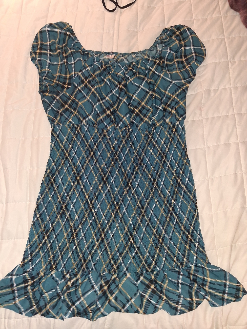 Blue Plaid Smocked Short-Sleeve Dress